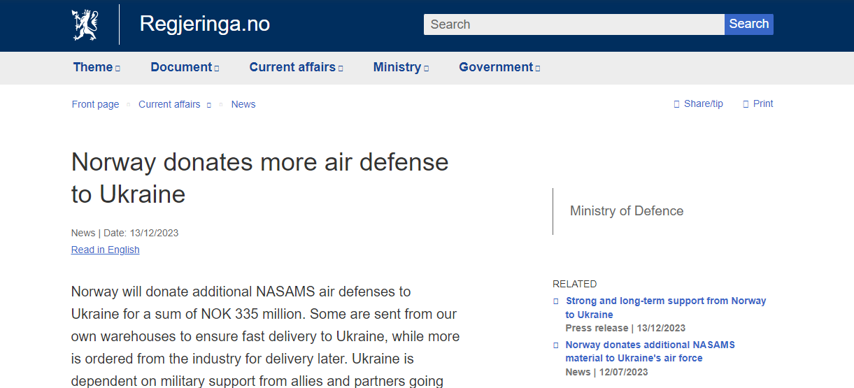 Норвегії передасть Україні додаткові системи NASAMS