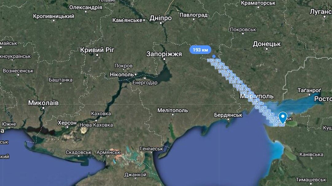 Відстань від аеропорту ''Єйськ'' до можливих позицій ЗСУ