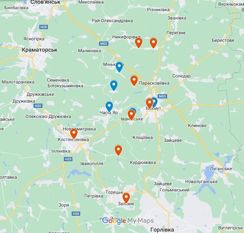 Карта атак и обстрелов вокруг Бахмута в Донецкой области