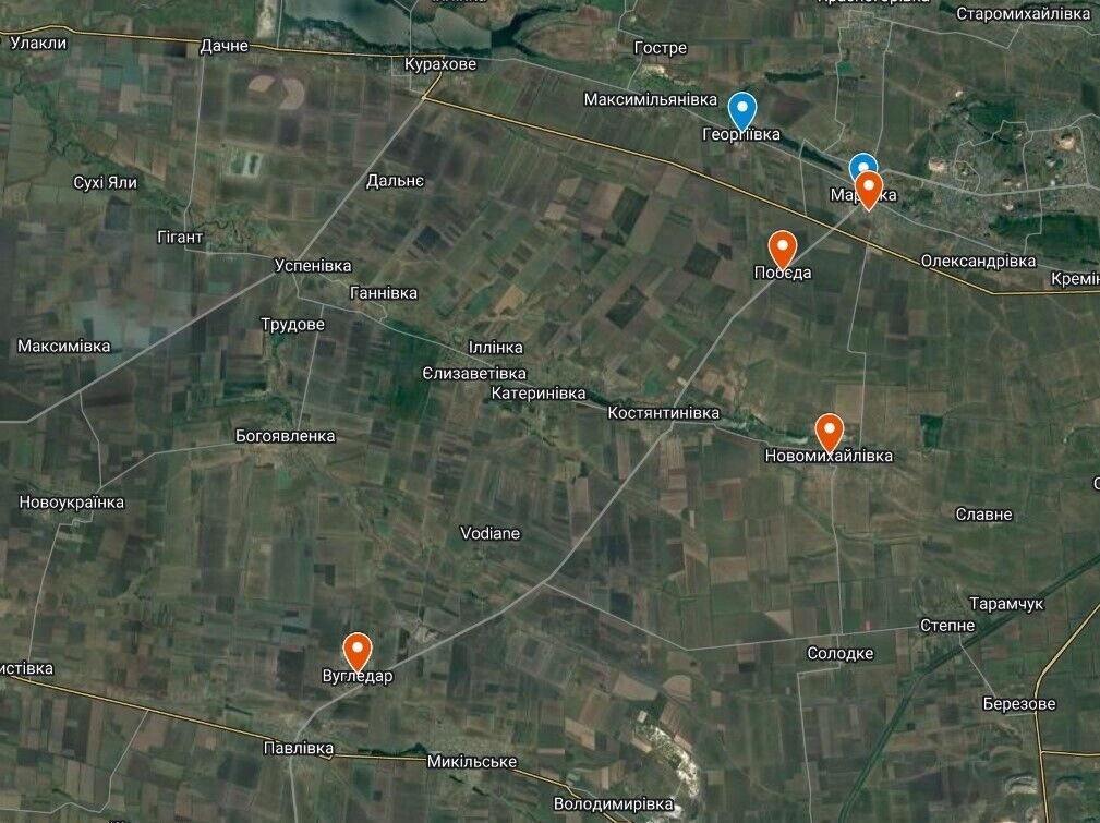 Напрямки атак армії рф під Вугледаром на Донеччині (позначено червоним)