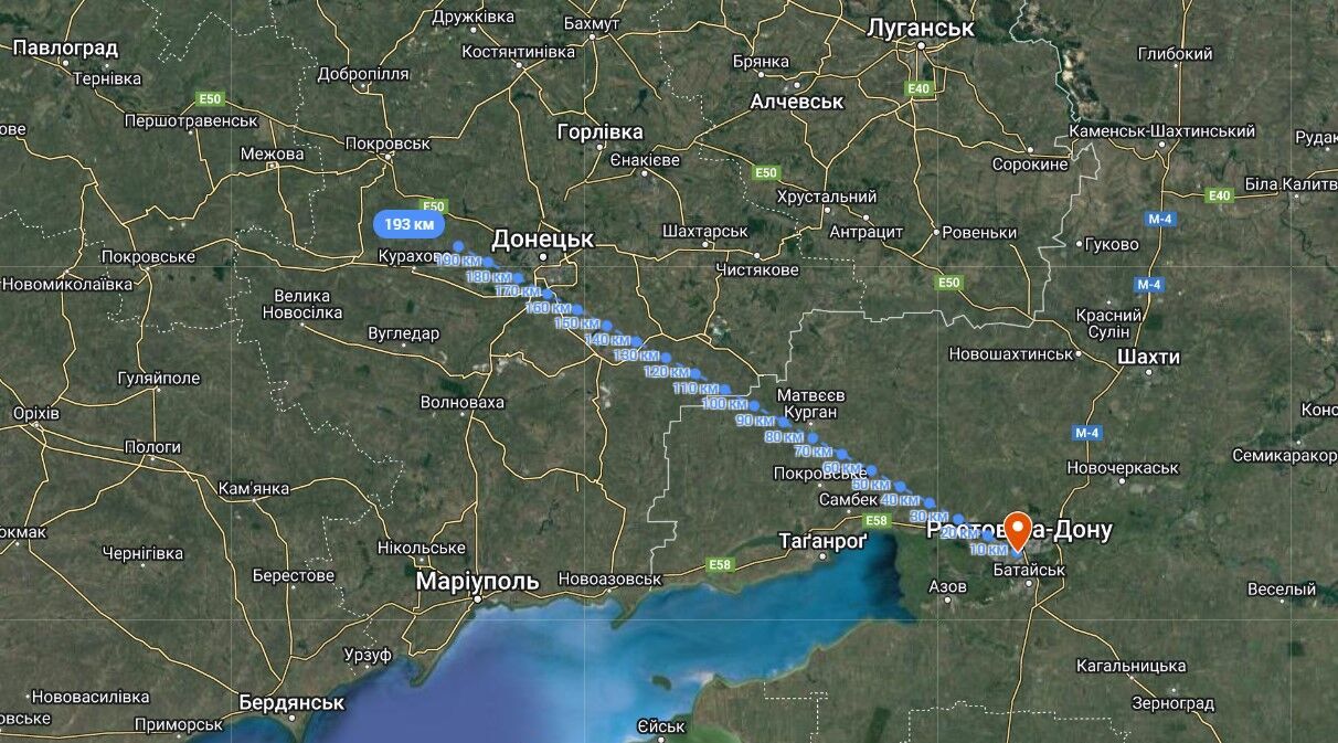 Відстань від Ростова-на-Дону до лінії фронту на сході України