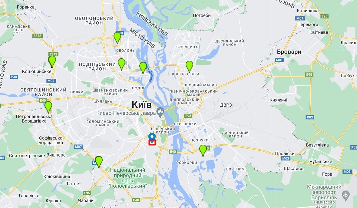 Синяя отметка – имущество ГП ''Укроборонресурсы'', зеленые – магазины ''Эпицентр'' в Киеве
