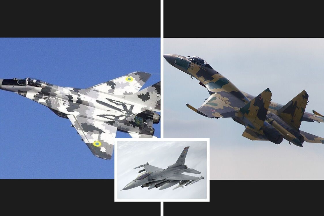 МіГ-29 (зліва), Су-25 (справа), F-16 (внизу)