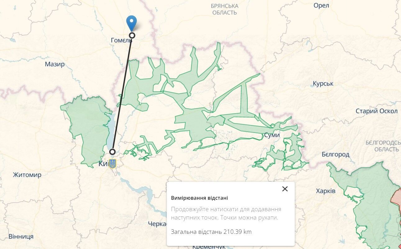 Расстояние от аэропорта ''Гомель'' до украинской границы