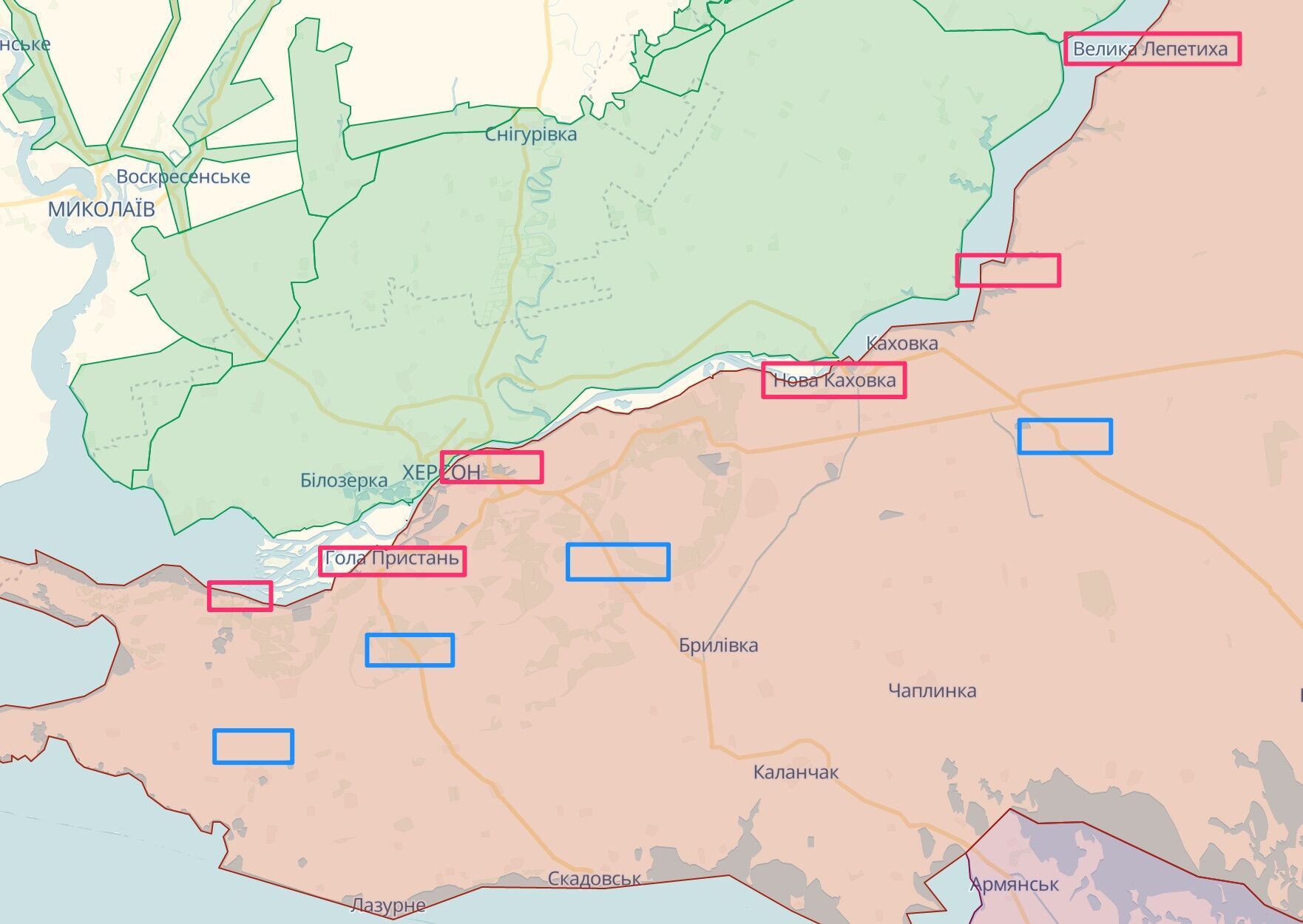 Лінії оборони рф на Херсонщині: рожевий колір – перший ешелон, блакитний – другий ешелон