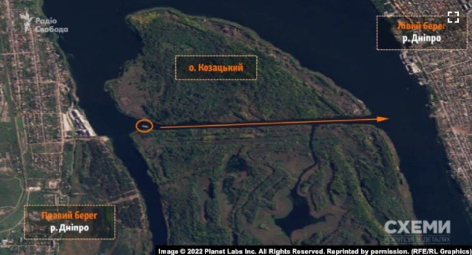 Россияне пользовались каналом в плавнях Днепра вдоль острова Казацкий у Новой Каховки для паромной переправы