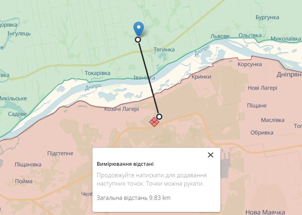 Тягинка Бериславского района Херсонской области - расстояние до позиций армии рф