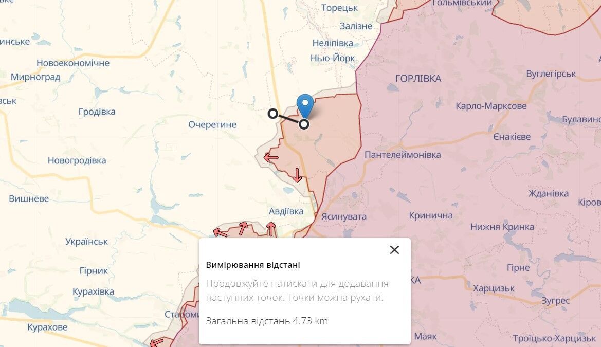 Відстань від можливого місця влучання по ''БУКу'' до лінії фронту на Донеччині