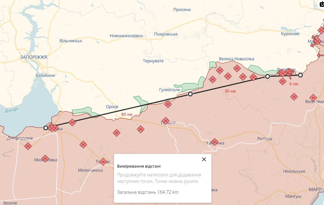 Расстояние между крайними точками на южном отрезке фронта - Запорожское и Шахтерское направления