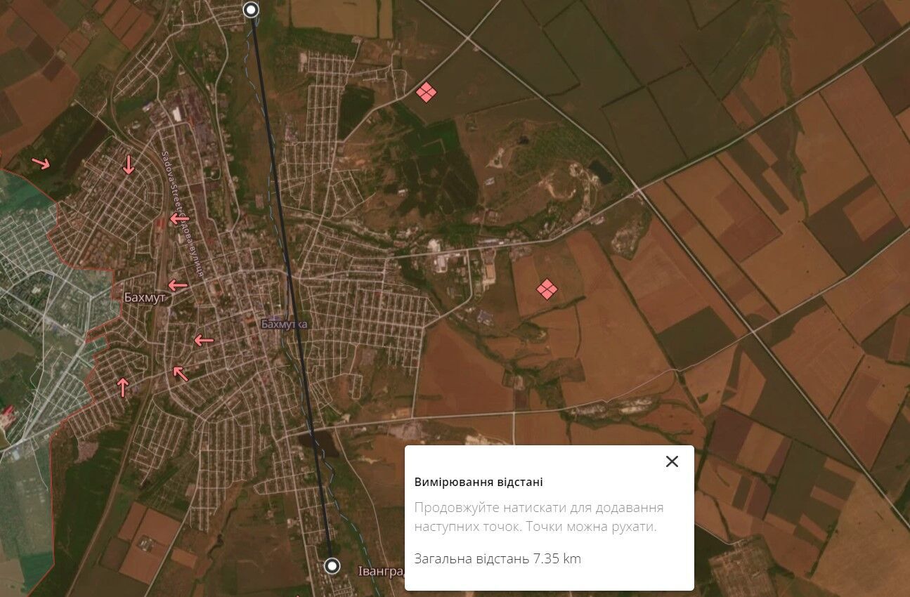 Бахмут в Донецкой области - физические размеры