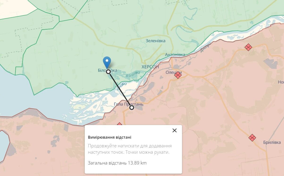 Белозерка на Херсонщине: расстояние до возможных позиций армии рф в районе Голой Пристани