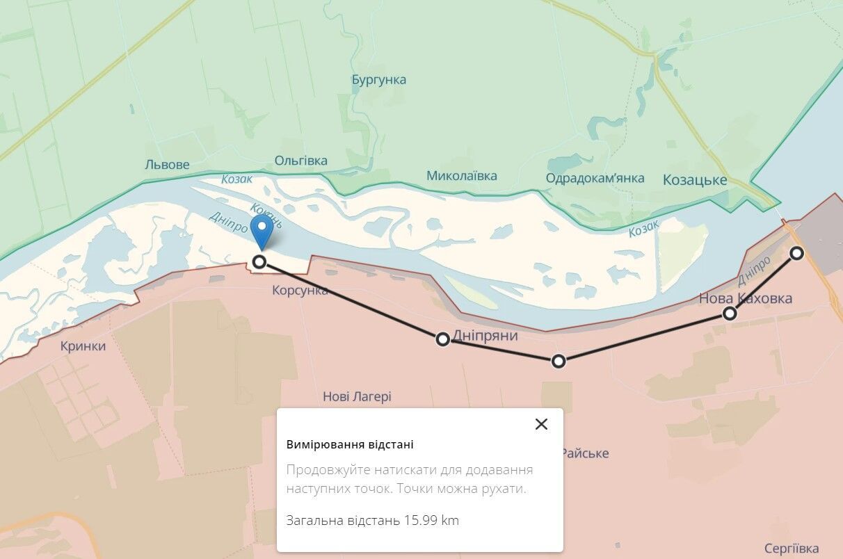 Расстояние от Корсунки до позиций армии рф на Каховской ГЭС