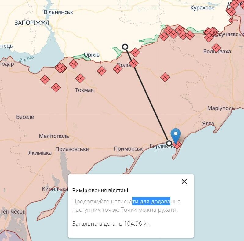 Відстань від Бердянська до можливих позицій ЗСУ