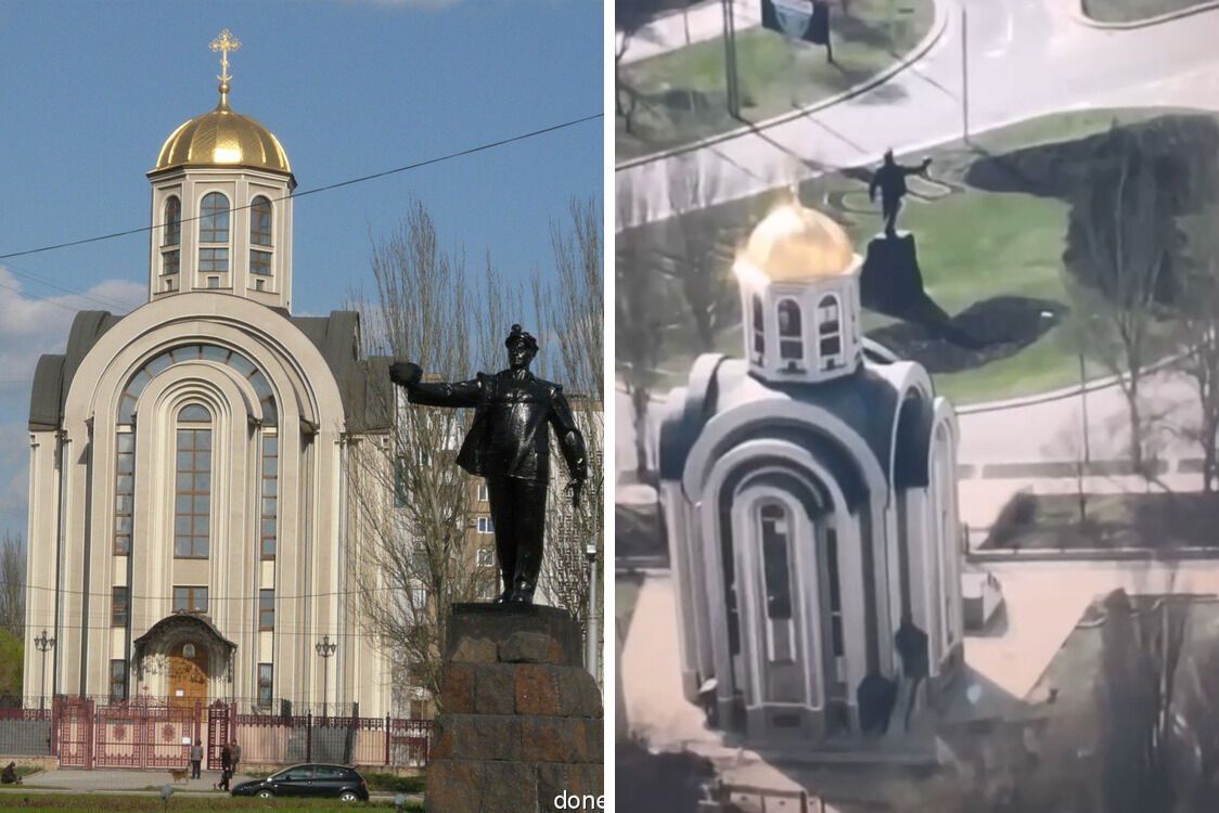 Пам'ятник ''Слава шахтарській праці'': зліва - реальне фото, справа - кадр, знятий БПЛА ЗСУ