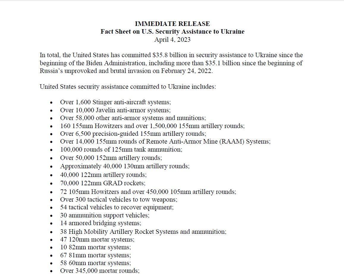Фактична довідка про безпекову допомогу США Україні станом на 4 квітня 2023 р