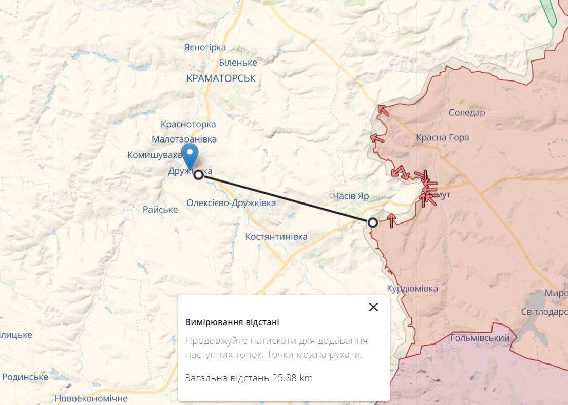 Расстояние от Дружковки до линии фронта под Бахмутом Донецкой области.