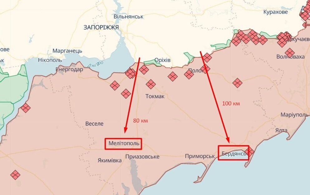 Мелітополь та Бердянськ на Запоріжчині : відстань до лінії фронту