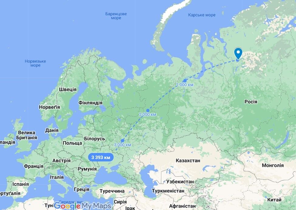 Расстояние от Норильска до границ Украины