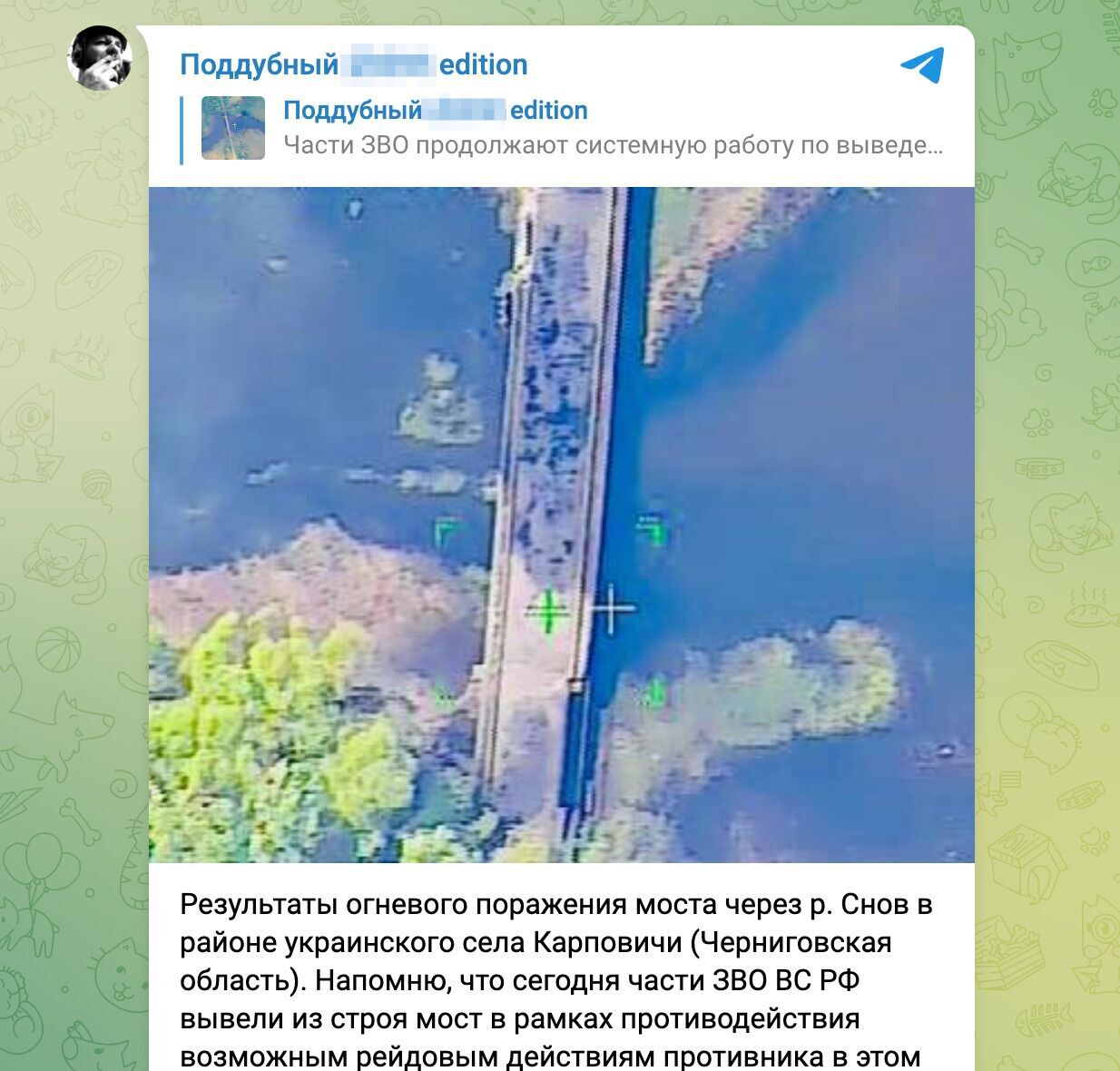Російський ''воєнкор'' Піддубний оприлюднив фото, заявлене як результат ураження мосту на Чернігівщині