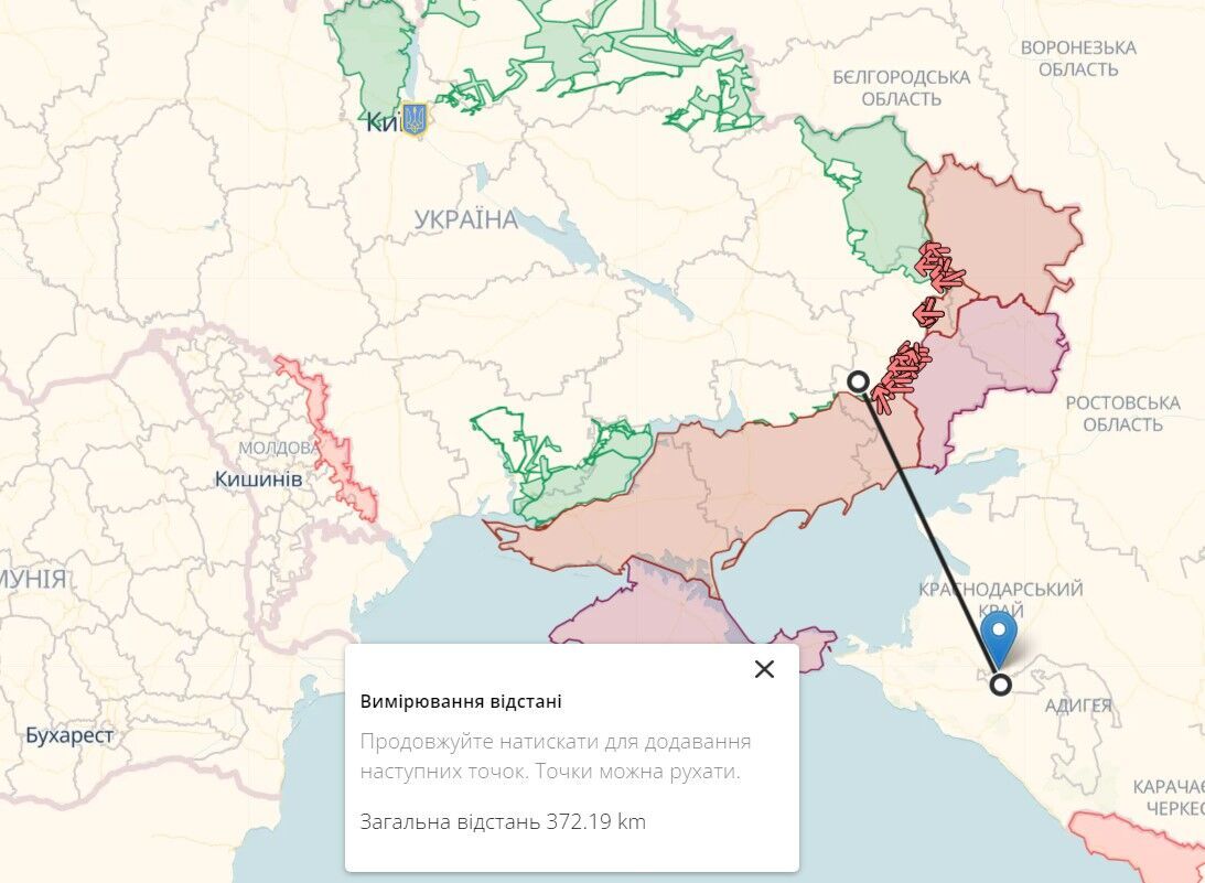 Расстояние от Краснодара до возможных позиций ВСУ