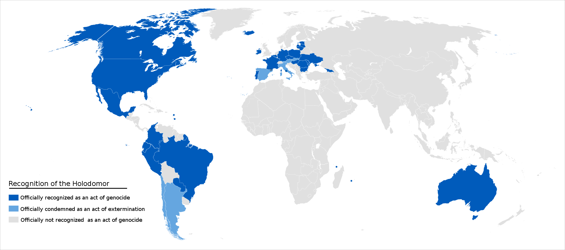 Страны, признавшие Голодомор актом геноцида, отмечены темно-синим цветом