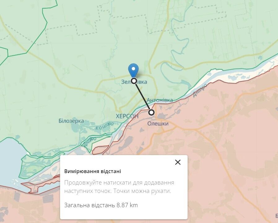 Ситуация в Херсонской области: расстояние от Зеленовки до противоположного берега Днепра