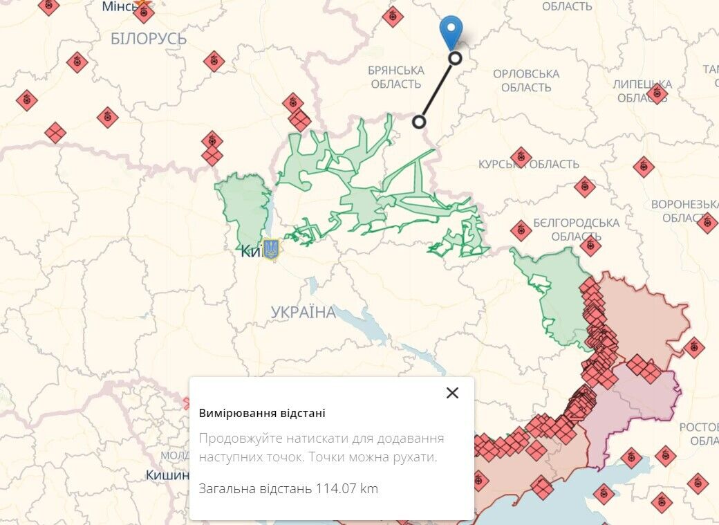 Расстояние от места взрывов на Брянщине до границы Украины