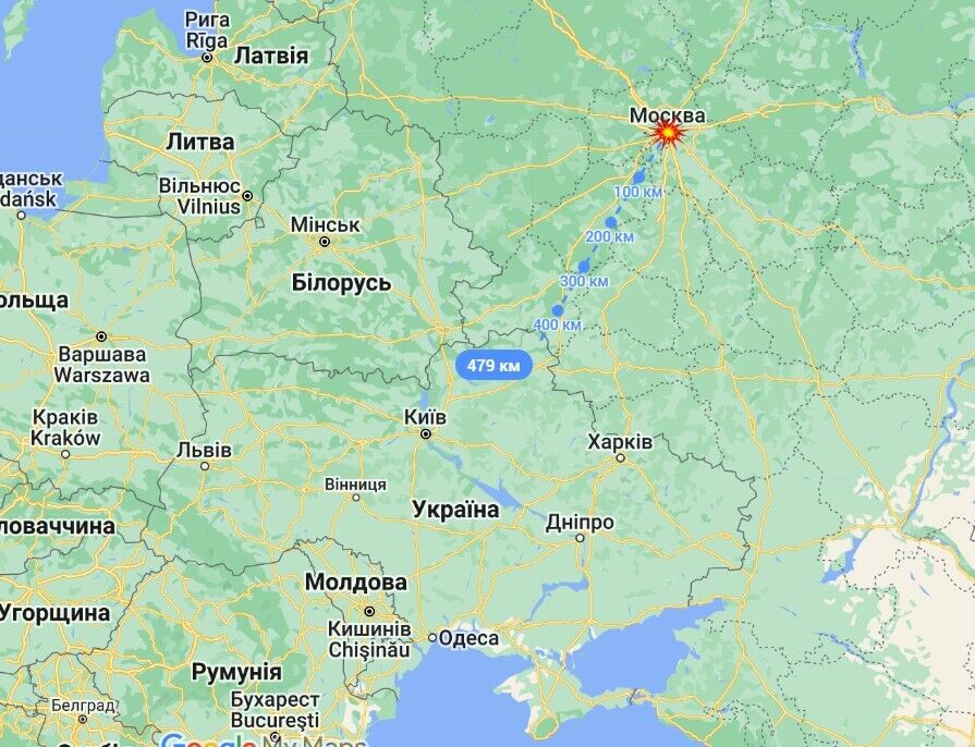 Расстояние от центра Москвы до границы Украины