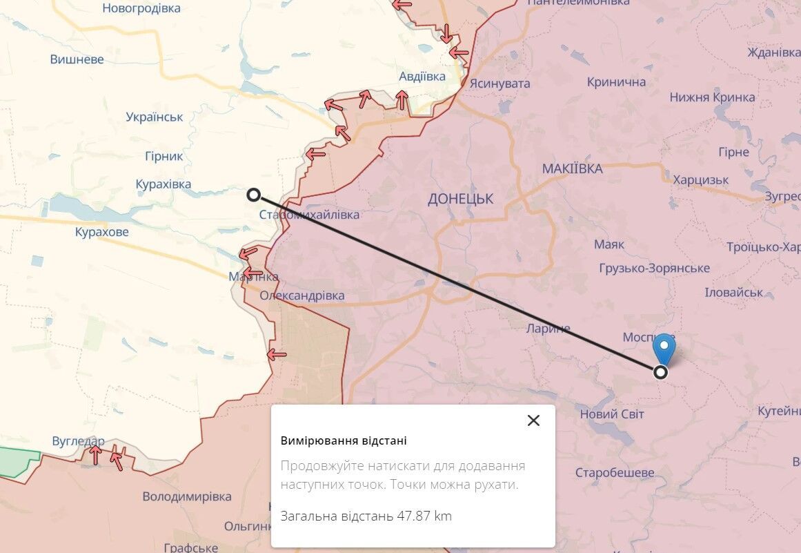 Відстань від аеродрому Моспине до можливих позицій ЗСУ