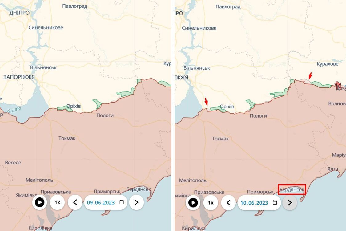 Изменения на линии фронта в Запорожской области в период с 9 на 10 июня 2023 года