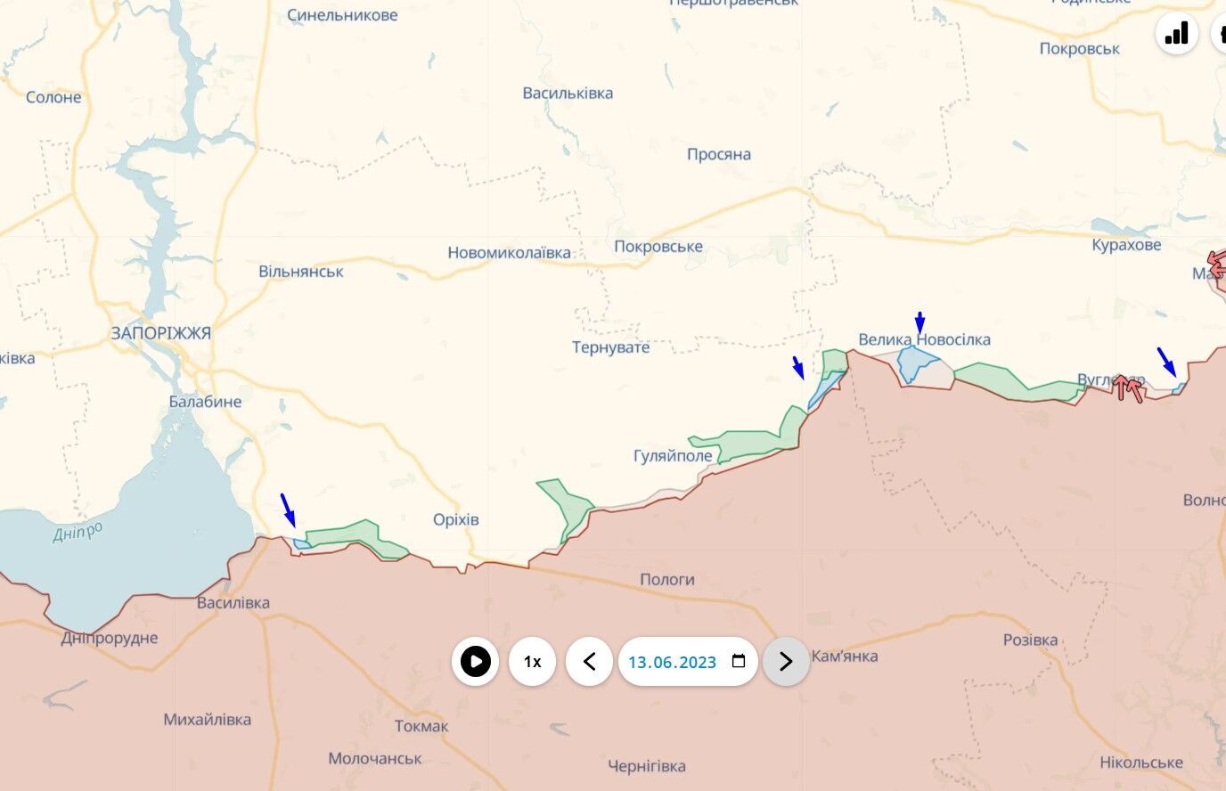Ділянки фронту, звільнені на південному відтинку фронту станом на 13 червня 2023 року