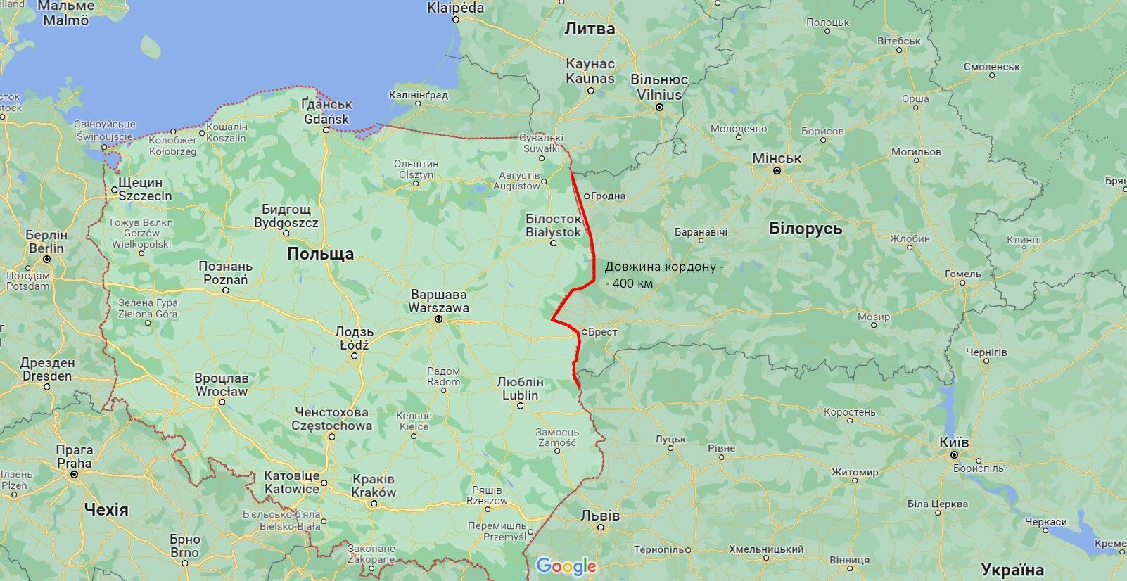 Яка довжина польсько-білоруського кордону