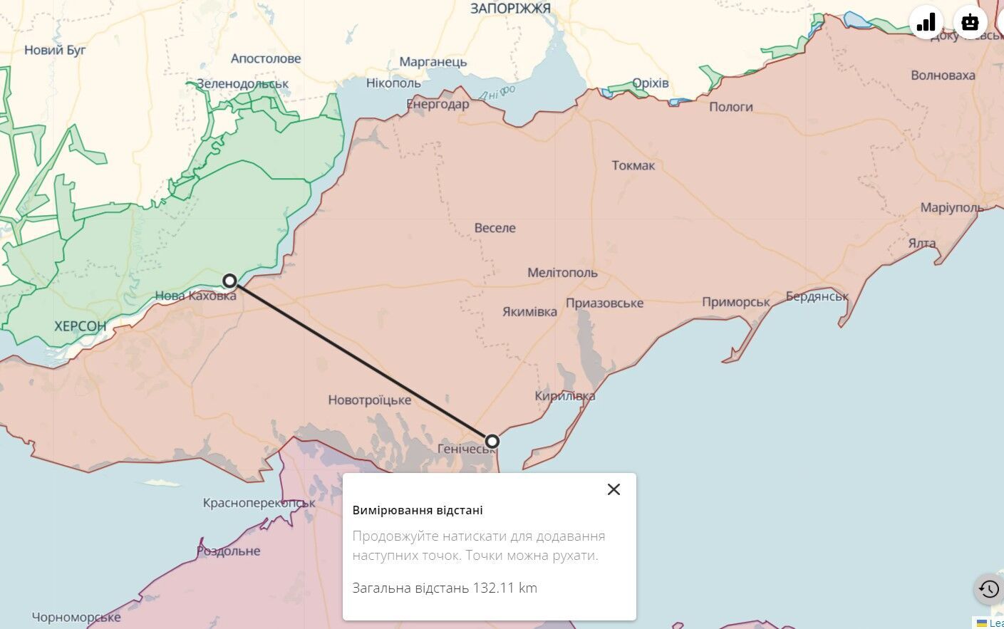 Расстояние от Геническа до линии фронта Херсонской и Запорожской областей