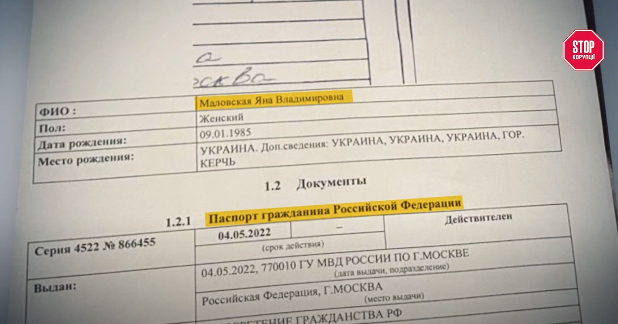 До редакцію ''СтопКору'' потрапив документ про російське громадянство Маловської