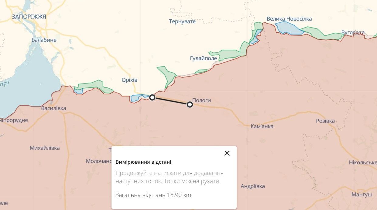 Расстояние от позиций ВСУ до Пологов по состоянию на 26 июня 2023 года