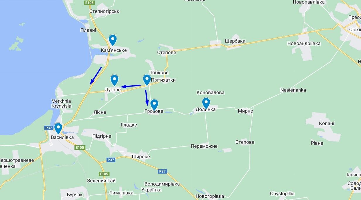 Отрезок фронта в 35 км к югу от Запорожья - возле Васильевки