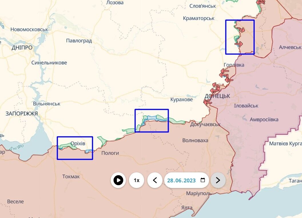 Направления наступательных действий ВСУ по состоянию на 29 июня 2023 года