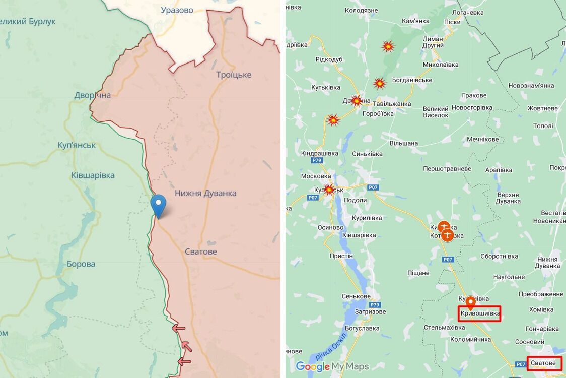 Лінія фронту біля Куп'янськом і Сватовим станом на 14 липня 2023 року