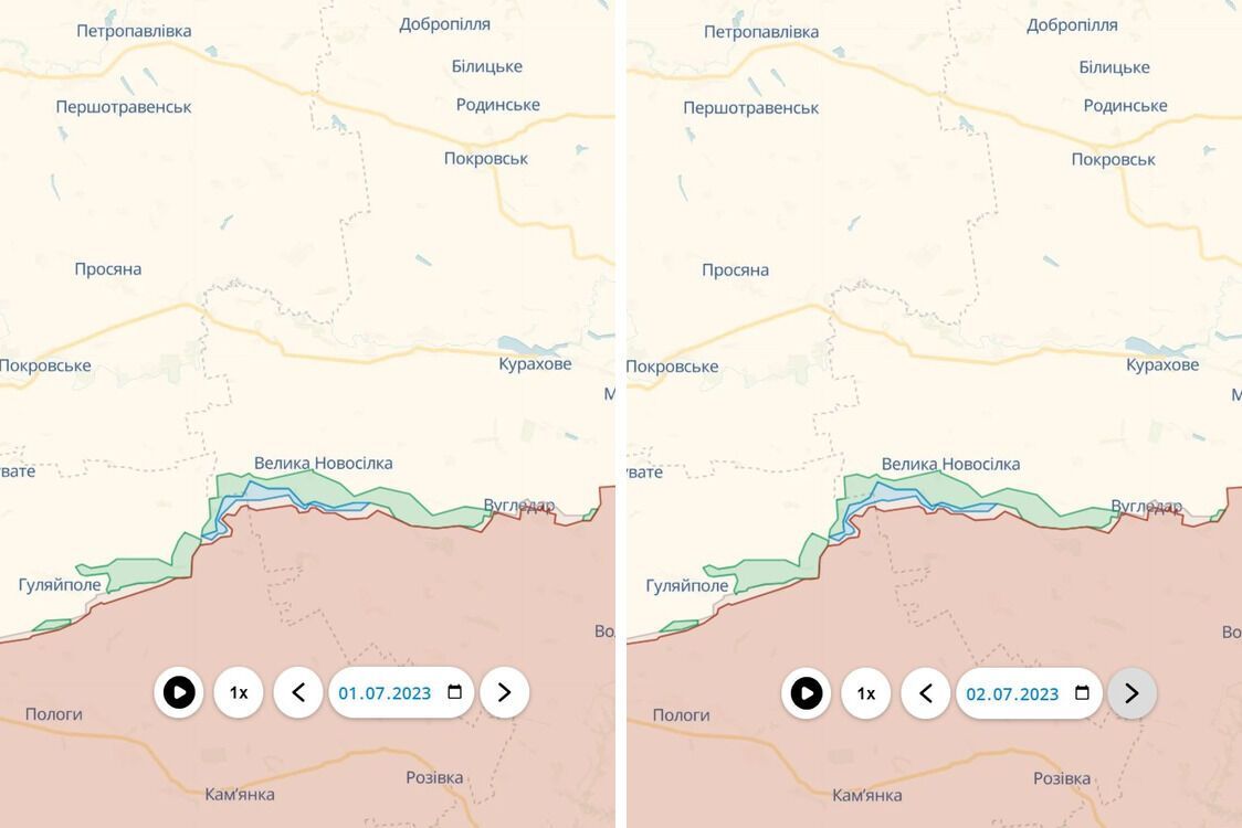 Зміни лінії фронту під Великими Новосілками на Донеччині станом на 3 липня 2023 року