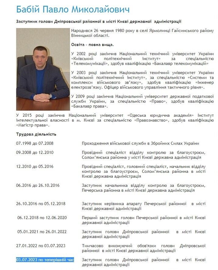 Павел Бабий с 3 июля 2023 года по сегодняшний день – заместитель председателя Днепровской районной в городе Киеве государственной администрации