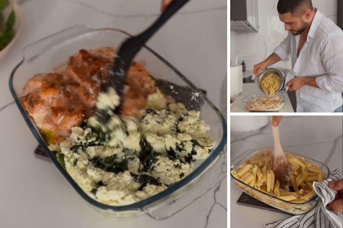 Продукты в стеклянной форме перемешать, добавить макароны