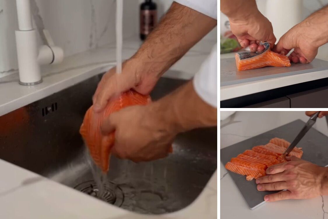 Подготовка лосося для блюда Добрынина