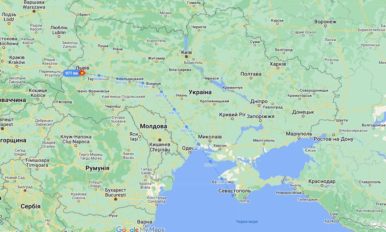 Орієнтовна траєкторія польоту крилатих ракет ''Калібр'', якими росіяни вдарили по Львову