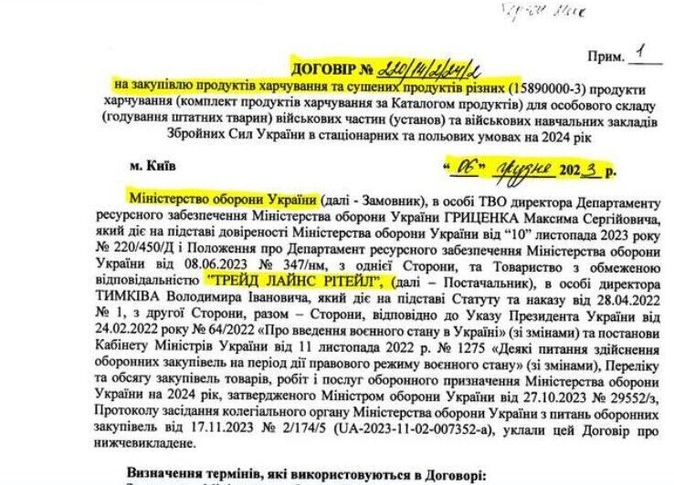 В грудні 2023 Міноборони з ТОВ ''ТРЕЙД ЛАЙНС РІТЕЙЛ'' підписано договір на постачання харчів