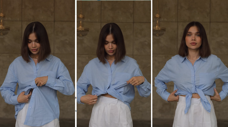 Блогерша Саша Бо поделилась лайфхаком, как стильно завязывать рубашку
