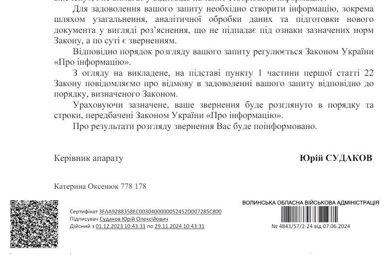 Відповідь Волинської обласної військової адміністрації