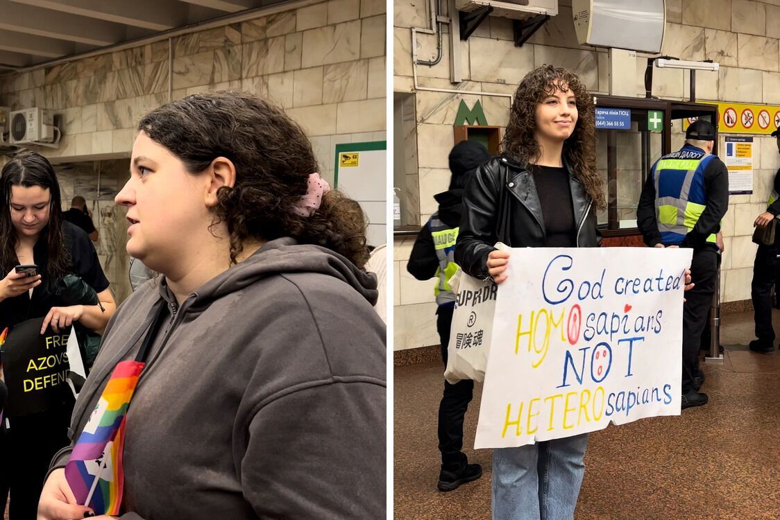 жінка з плакатом та прапорцем ЛГБТК+ спільноти