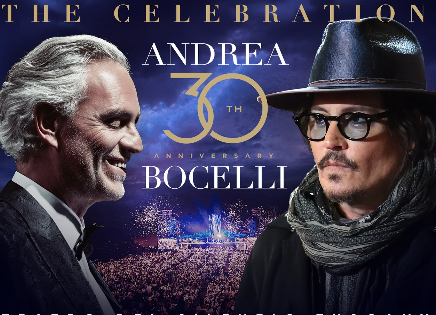 Афіша до ювілейного концерту Андреа Бочеллі та Джоні Депп