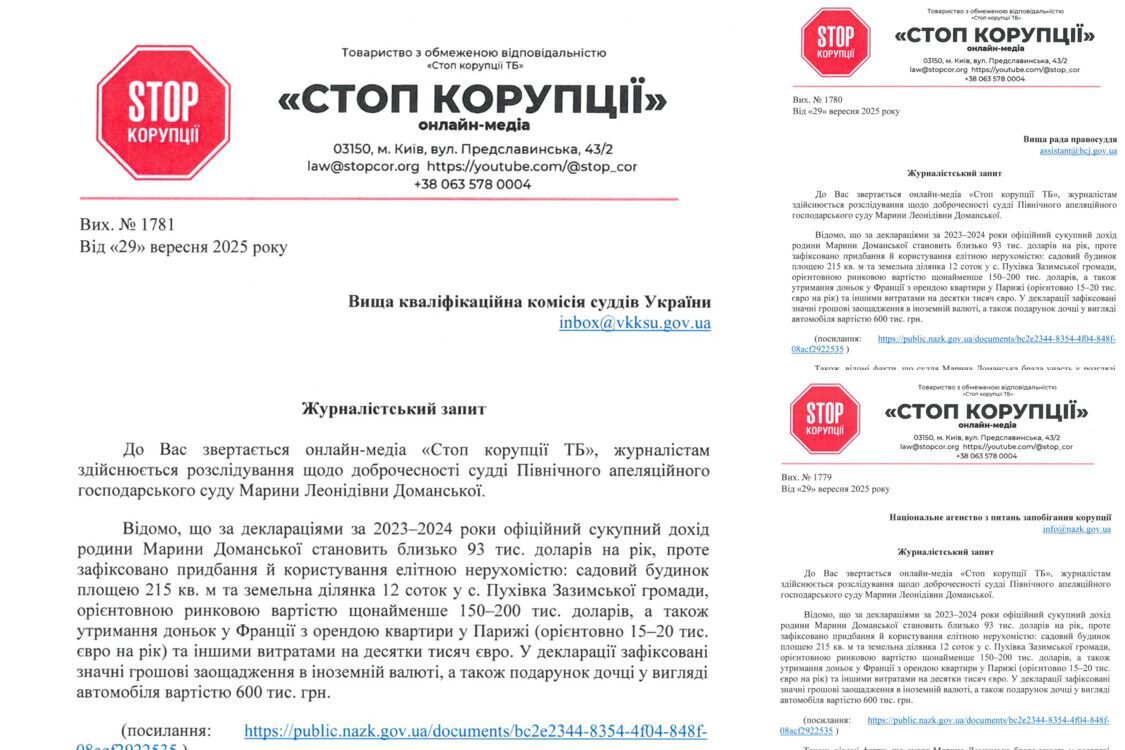 Вілла під Києвом і рішення на користь людей Фукса: журналісти звернулись до НАЗК та ВРП щодо доброчесності судді Доманської