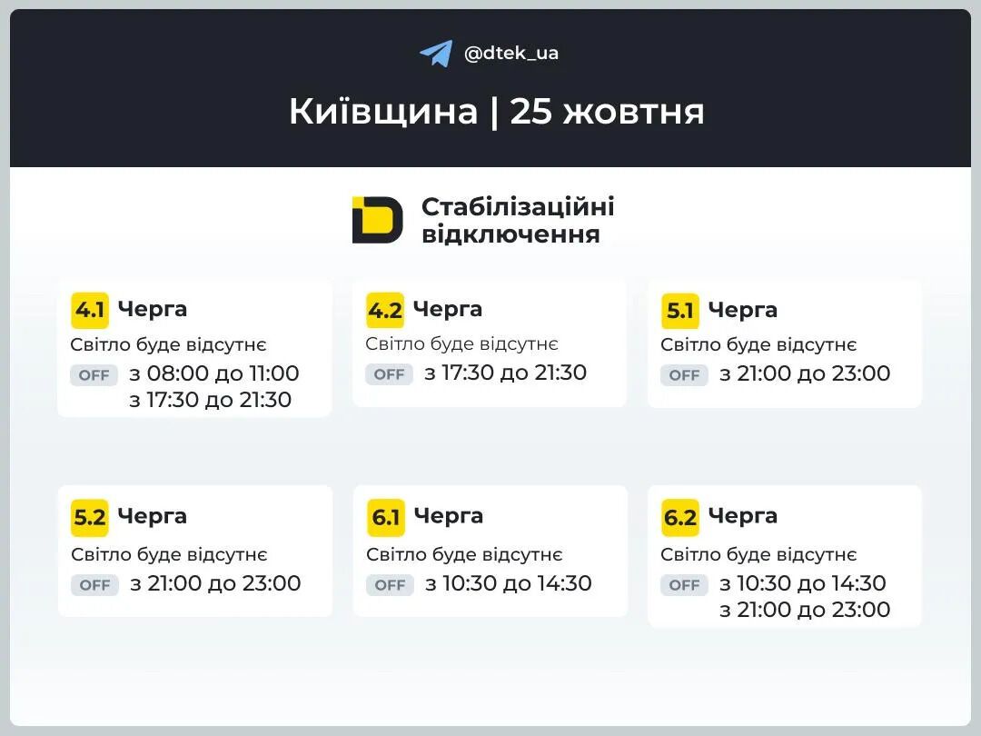 В Киеве и области 25 октября будут действовать новые графики отключения света